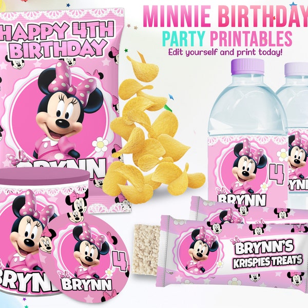 Plantilla de fiesta de cumpleaños para niños EDITABLE, Kit de tema de cumpleaños de Minnie Mouse, Kit de fiesta de cumpleaños de descarga instantánea, Bolsas de chips de etiquetas de agua de Minnie