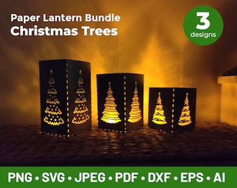 May include: Three paper lantern designs featuring Christmas trees. The lanterns are black and have a white silhouette of a Christmas tree with a star on top. The lanterns are lit from inside, creating a warm glow.