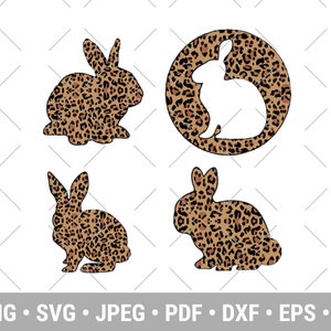 May include: Four digital cut files of a rabbit silhouette with a leopard print pattern. The files are in PNG, SVG, JPG, PDF, DXF, EPS, and AI formats.