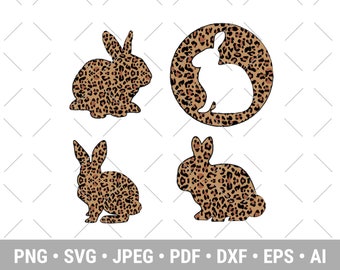 Pode incluir: Quatro arquivos de corte digital de uma silhueta de coelho com um padrão de estampa de leopardo. Os arquivos estão em formatos PNG, SVG, JPG, PDF, DXF, EPS e AI.