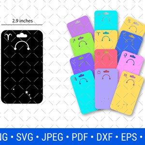 May include: A set of 12 printable earring display cards featuring the 12 zodiac signs. Each card is 7.4 cm by 13.5 cm and has a black background with a white zodiac symbol and a star design. The cards are in various colours, including blue, green, pink, purple, and yellow.