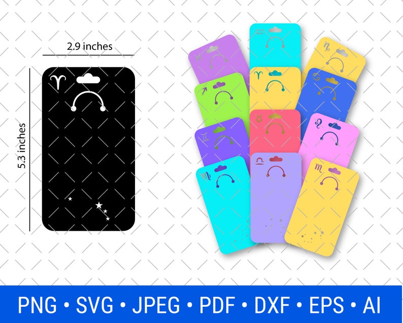 May include: A set of 12 printable earring display cards featuring the 12 zodiac signs. Each card is 7.4 cm by 13.5 cm and has a black background with a white zodiac symbol and a star design. The cards are in various colours, including blue, green, pink, purple, and yellow.