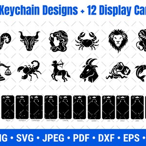 May include: Twelve black and white zodiac sign illustrations for keychain designs. Each sign is displayed on a white card with a black border and the name of the sign written below. The signs are: Aries, Taurus, Gemini, Cancer, Leo, Virgo, Libra, Scorpio, Sagittarius, Capricorn, Aquarius, and Pisces.