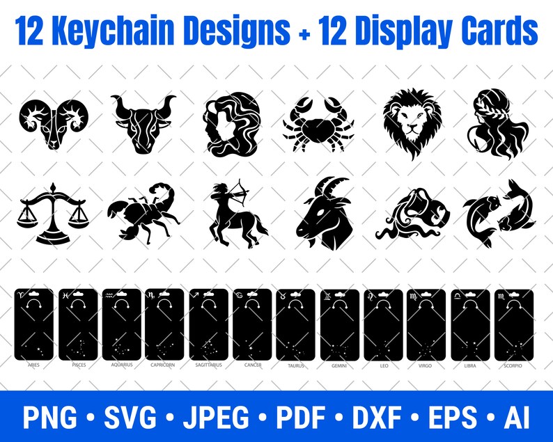 May include: Twelve black and white zodiac sign illustrations for keychain designs. Each sign is displayed on a white card with a black border and the name of the sign written below. The signs are: Aries, Taurus, Gemini, Cancer, Leo, Virgo, Libra, Scorpio, Sagittarius, Capricorn, Aquarius, and Pisces.