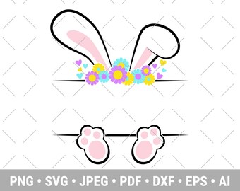 Pode incluir: Um design de orelhas de coelho branco com o interior rosa e uma guirlanda floral de flores amarelas, roxas e azuis com corações rosa. As orelhas de coelho estão conectadas a duas patas de coelho brancas.