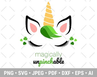 Pode incluir: Um unicórnio verde e amarelo com os olhos fechados e detalhes de trevo. O texto "magically unpinchable" está abaixo do unicórnio.