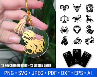 Paquete Svg de llavero de astrología, Zodiac SVG, llavero de signo de astrología, llavero circular, patrones de llavero, signos del zodiaco Svg, envases de llavero