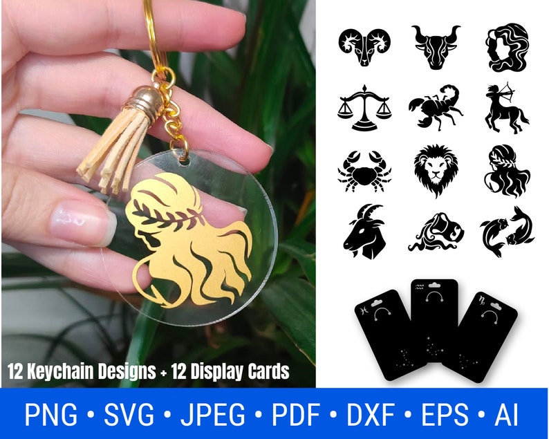 May include: Twelve zodiac sign keychain designs with a gold finish. Each design is on a clear acrylic circle with a gold tassel. The keychains are displayed on a white background with black and white display cards.