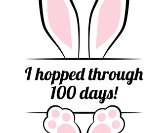 Pode incluir: Um coelho branco com orelhas e patas cor-de-rosa segura um cartaz que diz "Eu pulei 100 dias!"