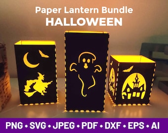 Pode incluir: Três designs de lanternas de papel para o Halloween. As lanternas são pretas com desenhos recortados de um fantasma, uma bruxa voando em uma vassoura com uma lua crescente e um morcego, e uma casa assombrada com um morcego. As lanternas são iluminadas por dentro, projetando um brilho quente.
