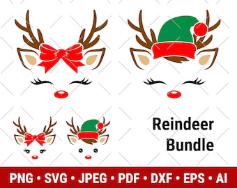 Pode incluir: Quatro arquivos de corte digital de renas com diferentes acessórios. As renas são vermelhas, marrons e verdes. Os acessórios incluem um laço vermelho, um chapéu verde e um chapéu vermelho. O texto "Reindeer Bundle" está abaixo das imagens.