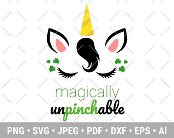Pode incluir: Um unicórnio preto e branco com um chifre amarelo e orelhas cor-de-rosa. O unicórnio tem os olhos fechados e trevos verdes de cada lado do rosto. O texto "magically unpinchable" está abaixo do unicórnio.