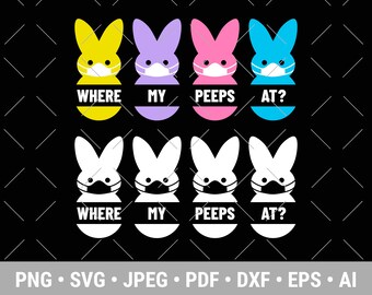 Pode incluir: Um conjunto de 10 arquivos de corte digital com um coelho usando uma máscara facial com o texto "Where My Peeps At?" em rosa, azul, amarelo e branco. O coelho está usando uma máscara facial e segurando uma placa com o texto "Where My Peeps At?" em rosa, azul, amarelo e branco.