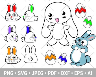 Pode incluir: Um conjunto de arquivos de corte digital com coelhos e ovos de Páscoa em várias cores, incluindo vermelho, verde, azul e amarelo. Os arquivos são perfeitos para criar artesanato, decorações e projetos personalizados.