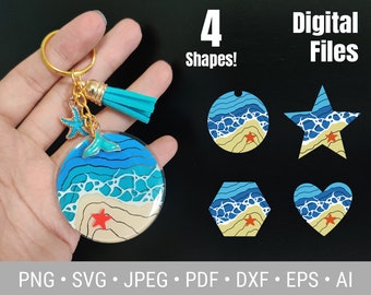 Pode incluir: Quatro arquivos digitais de uma cena de praia com ondas, areia e uma estrela do mar vermelha em quatro formas diferentes: círculo, estrela, hexágono e coração. Os arquivos estão disponíveis nos formatos PNG, SVG, JPEG, PDF, DXF, EPS e AI.