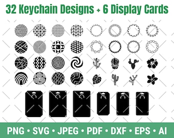 Pode incluir: Um conjunto de 32 designs de chaveiro em preto e branco e 6 cartões de exibição. Os designs incluem padrões geométricos, espirais, cactos e flores. Os cartões de exibição são retangulares com cantos arredondados.