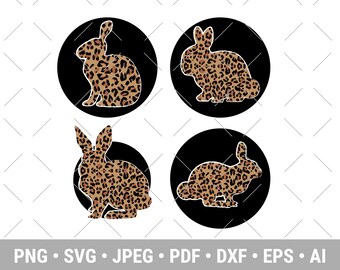 Pode incluir: Quatro círculos pretos com contornos brancos, cada um contendo uma silhueta de um coelho de impressão de leopardo. Os coelhos estão olhando em direções diferentes.