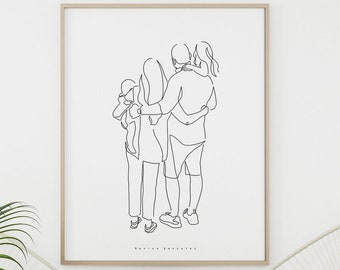AANGEPASTE FAMILIEPORTRET illustratie, gepersonaliseerd familieportret, cadeau voor moeder, aangepaste lijntekening, zeer fijne tekeningen, familietekening, cadeau voor vader