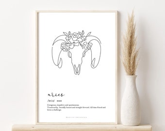 ARIES ZODIAC PRINT definition, Aries line art, Aries gifts, Aries astrology poster, Horoscope illustration, Zodiac dictionary traits, Poster