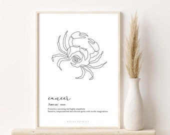 CANCER ZODIAC PRINT definition, Cancer line art, Cancer traits gifts, Cancer astrology poster, Horoscope illustration, Zodiac dictionary