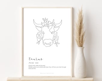 TAURUS ZODIAC PRINT, Taurus definition, Zodiac gifts, Taurus poster, Astrology print, Horoscope drawing, Zodiac dictionary, Taurus traits