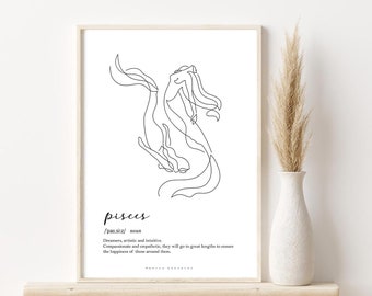 PISCES ZODIAC PRINT, Pisces definition, Zodiac gifts, Pisces traits poster, Astrology print, Pisces horoscope illustration, Zodiac traits