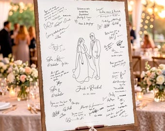 May include: A white rectangular wedding guest book sign on a wooden easel featuring a black line art illustration of a couple, the text Jack + Rachel 25.05.2024, and numerous handwritten signatures and messages in black ink across the paper surface.