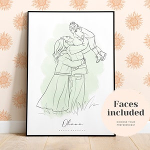 FAMILY PORTRAIT ILLUSTRATION, Minimalist decor, Gift for mom or dad, Hand drawn portrait from photo, Line art drawing, Family keepsake