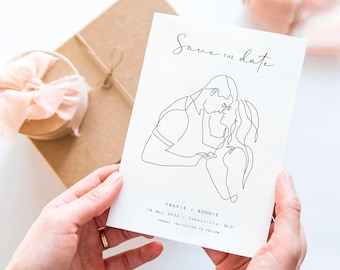 Custom SAVE THE DATE card, Minimalist wedding invitation, Save the date template, Couple line art drawing, Elegant wedding stationery
