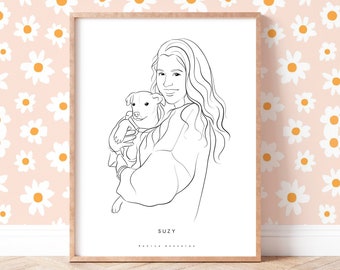 CUSTOM LINE Art DRAWING, Pet and owner portrait, Dog dad gift, Digital line portrait, Custom family portrait with pets, Pet owner gift