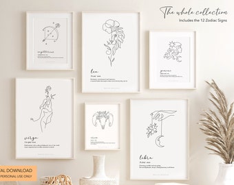 ZODIAC PRINT, Zodiac print collection, Star sign poster, Zodiac gifts, Leo poster, Astrology poster, 12 zodiac signs, Horoscope, Digital art