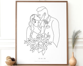 CUSTOM WEDDING GIFT, Wedding couple portrait illustration, Gift for bride, Engagement gifts, Single line drawing, Wedding keepsake, Line art