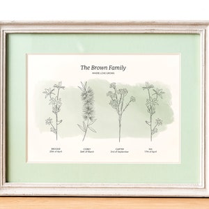 Custom birth flower print. Featuring Australian natives birth month flowers. Each flower represents a family member and the date in which they were born.