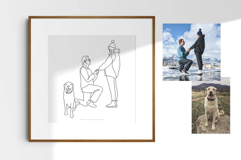 May include: A framed line art print depicts a marriage proposal scene with a dog. The artwork features two figures, one kneeling, holding hands, and a dog. Two additional photos show the proposal and the dog. The frame is brown.