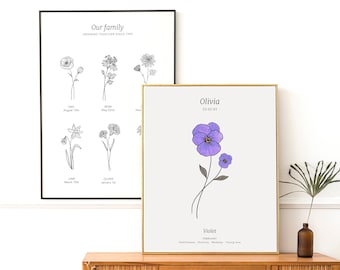CUSTOM BIRTH FLOWER print, Birth month flower gift, Birthday gift, Gift for mom, Flower line drawing, Family poster, Birthday gift
