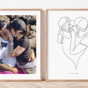 May include: Two framed prints. The left print is a color photograph of a couple kissing, wearing black baseball caps. The right print is a black line drawing of a couple kissing, with the date 09.06.2020 and a name below.