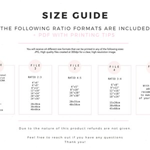 May include: A white document with a size guide for printable art, including international paper sizes and ratio formats like 4x6 inches and 8x10 inches. Includes printing tips and a PDF option.