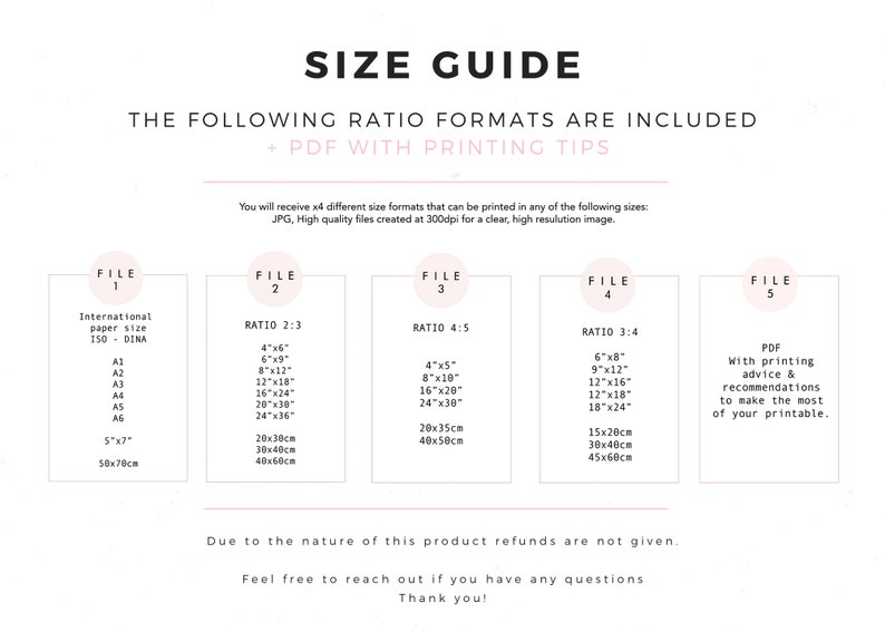 May include: A white document with a size guide for printable art, including international paper sizes and ratio formats like 4x6 inches and 8x10 inches. Includes printing tips and a PDF option.