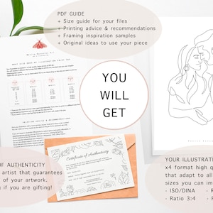 May include: A collection of art prints and supporting materials. Includes a line art illustration of a couple, a certificate of authenticity, and a guide with printing advice. The text "YOU WILL GET" is in the center.