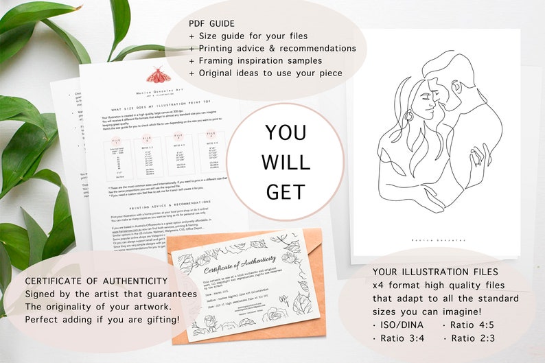 May include: A collection of art prints and supporting materials. Includes a line art illustration of a couple, a certificate of authenticity, and a guide with printing advice. The text "YOU WILL GET" is in the center.