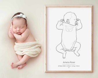 CUSTOM BIRTH POSTER scale 1:1, Birth details print, Newborn gift, Personalised baby illustration, Custom nursery art, Baby gift, New parents
