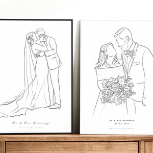 May include: Two black and white line drawings of a couple on white backgrounds. The first drawing shows a couple kissing, the second shows a couple holding a bouquet of flowers. The text "Mr. & Mrs.  Dopriaggi" is below the first drawing and "Mr. & Mrs. McNamara 20.03.2023" is below the second drawing.