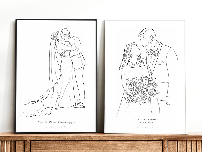 May include: Two black and white line drawings of a couple on white backgrounds. The first drawing shows a couple kissing, the second shows a couple holding a bouquet of flowers. The text "Mr. & Mrs.  Dopriaggi" is below the first drawing and "Mr. & Mrs. McNamara 20.03.2023" is below the second drawing.