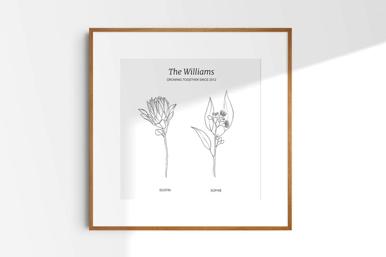 May include: A black and white line art print of two flowers with the text "The Williams Growing Together Since 2012" at the top. The flowers are labeled "Dustin" and "Sophie".