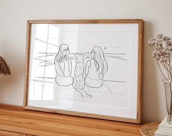 May include: A black and white line drawing of two people sitting on a beach with a dog between them. The people are looking out at the ocean and the dog is looking at the viewer.