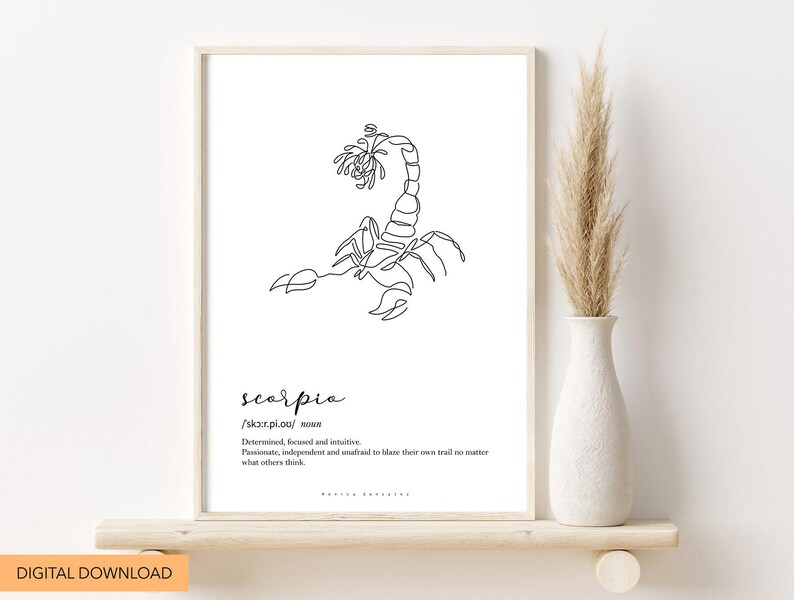 May include: A framed art print featuring a minimalist line drawing of a scorpion. The word "Scorpio" is written below the image, along with a definition. The print is displayed on a wooden shelf with a white vase and dried plants.