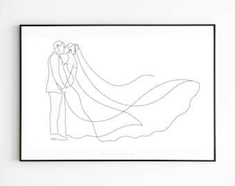 PAPER WEDDING ANNIVERSARY gift, 1st Wedding Anniversary, Single line drawing, Couple portrait, Gift for husband - wife, Engagement gifts,