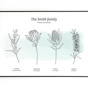 Custom birth flower print. Featuring Australian natives birth month flowers. Each flower represents a family member and the date in which they were born.