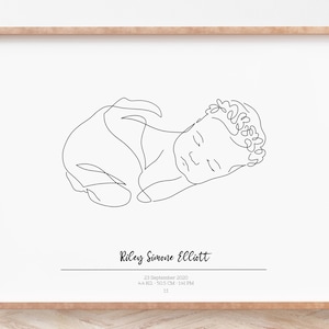 AFFICHE DE NAISSANCE PERSONNALISÉE avec un dessin au trait de votre photo réelle de bébé, Cadeau de premier anniversaire