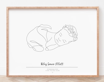 PERSONALIZED BIRTH POSTER with a line drawing of your actual baby picture, First birthday gift